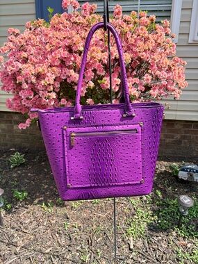 Le Miel Vibrant Purple Ostrich-Embossed Tote with Gold Accents NEW
